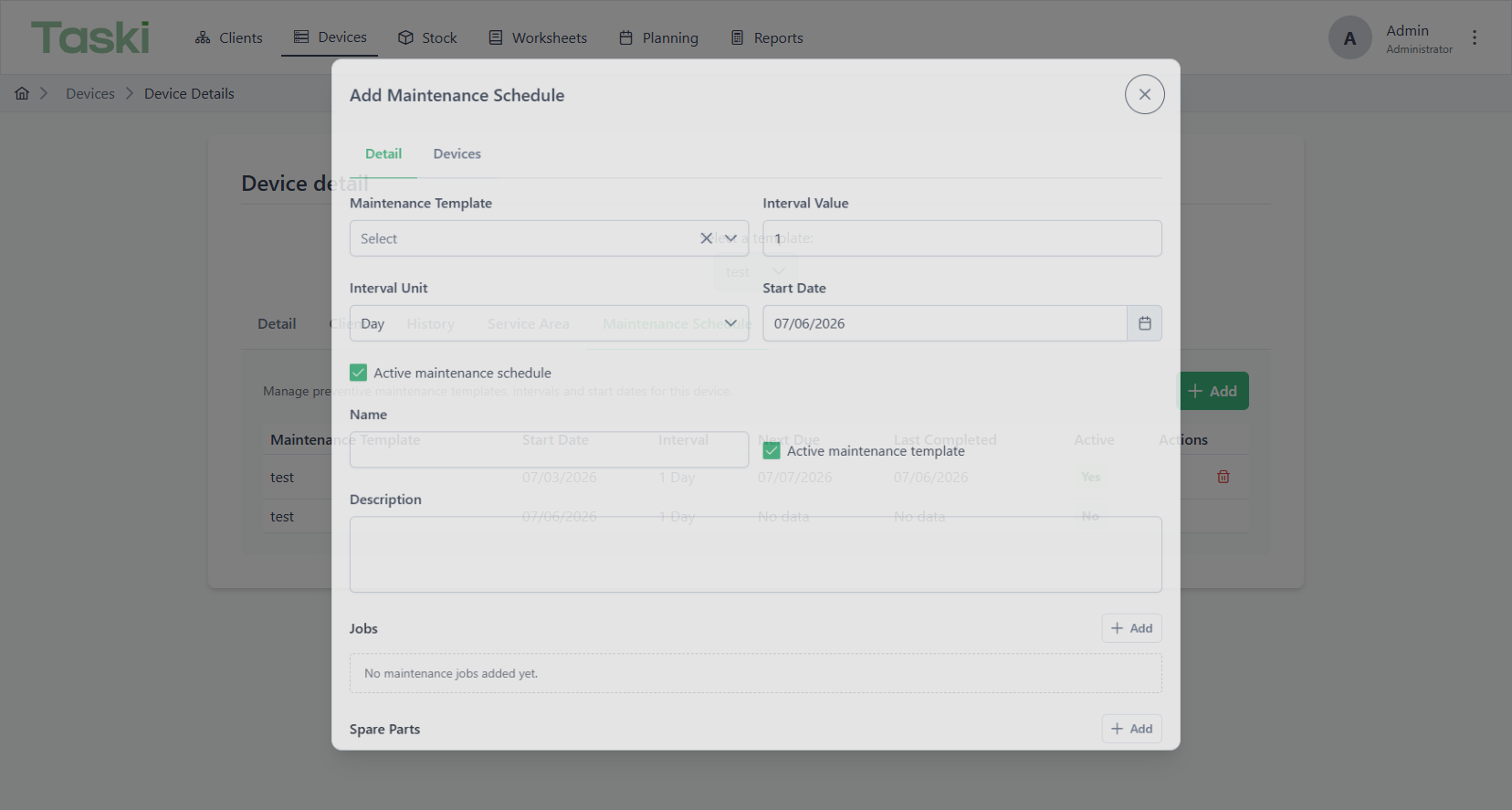 Device maintenance schedule dialog